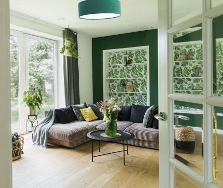 Zelené stropní svítidlo, lampa s kulatým válcovým velurovým stínidlem ROWEL