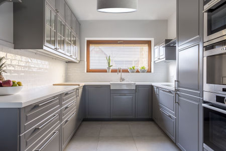 Šedé stropní svítidlo, stropní lampa s velurovým, válcovým, kulatým stínidlem