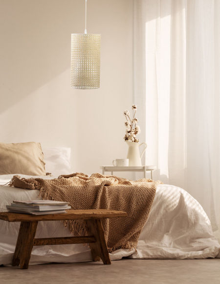 Přírodní, boho závěsná lampa s válcovým ratanovým stínidlem ROTANG TUBA