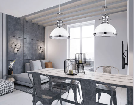 Bílá závěsná lampa ETTORE průmyslová kovová kopule s chromovými prvky