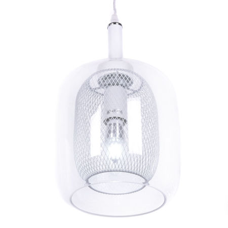 Módní skandinávská závěsná bílá lampa BESSA, kovová síťka, skleněné stínítko