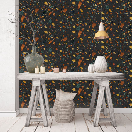 Černá tapeta napodobující teraco, zajímavý vzor