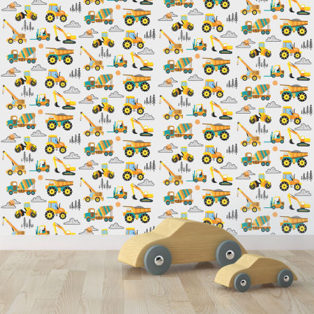Tapeta pro děti s traktory, bagry, náklaďáky