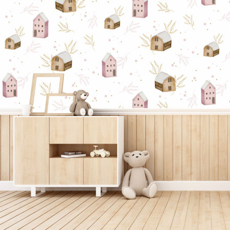 Pohádková tapeta s domečky, domy, jemnými větvičkami, pro děti