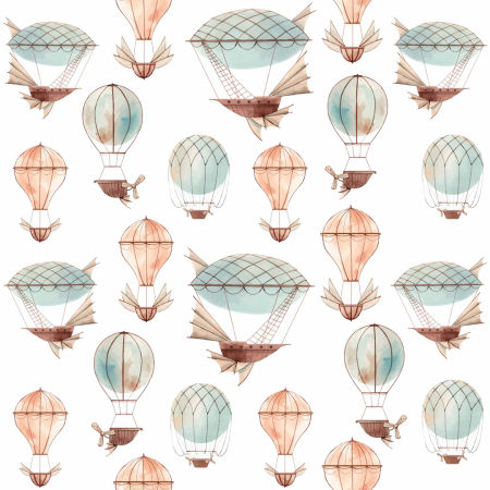 Bílá tapeta pro děti s balóny: létající stroje a vzducholodě přímo z pohádky