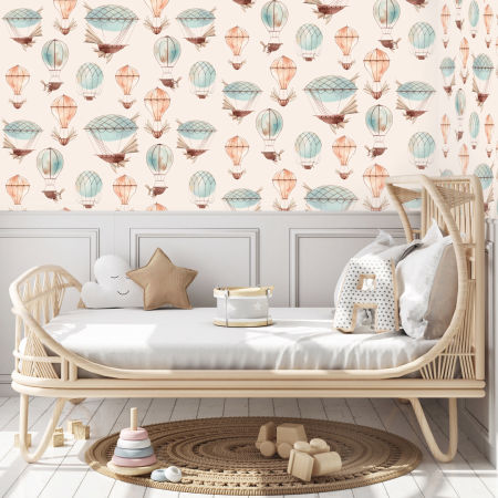 Dětská tapeta s balónkami, fantastickými létajícími stroji a vzducholoděmi na béžovém pozadí