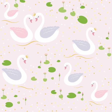 Tapeta se zamilovanými bílými labutěmi plovoucími na pohádkovém rybníku, vhodná do dívčího pokojíčku