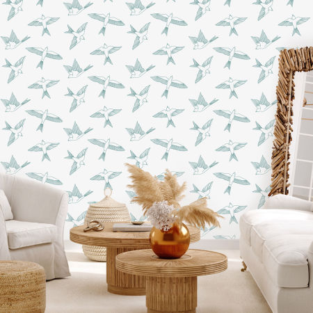 Tapeta s tyrkysovými létajícími ptáky ve stylu BOHO na šedém pozadí