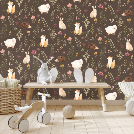 Hnědá tapeta pro děti se zvířátky na tajemné louce