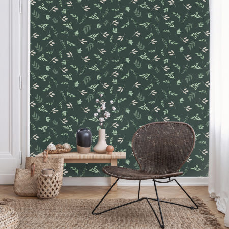 Tmavě zelená severská tapeta s drobnými lístky, jemnými větvičkami, křehkými rostlinami