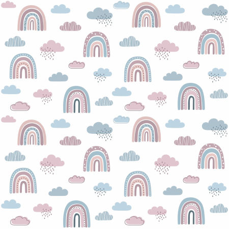 Bílá tapeta s pastelově růžovo-modrými duhami a obláčky, v boho stylu, pro děti