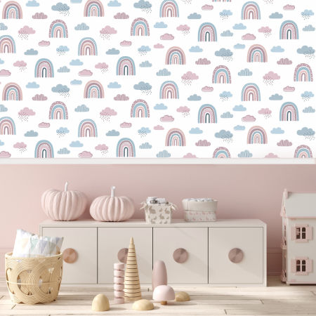 Bílá tapeta s pastelově růžovo-modrými duhami a obláčky, v boho stylu, pro děti
