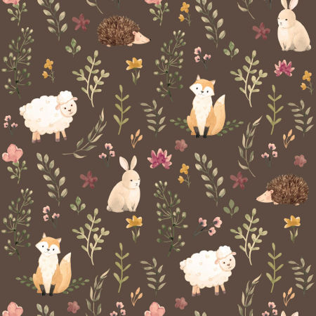 Hnědá tapeta pro děti se zvířátky na tajemné louce