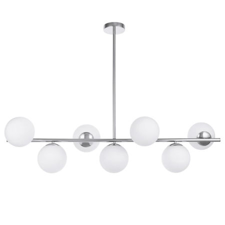 Designová horizontální závěsná lampa FREDICA W7 lustr s chromovanými bílými, kulatými stínítky