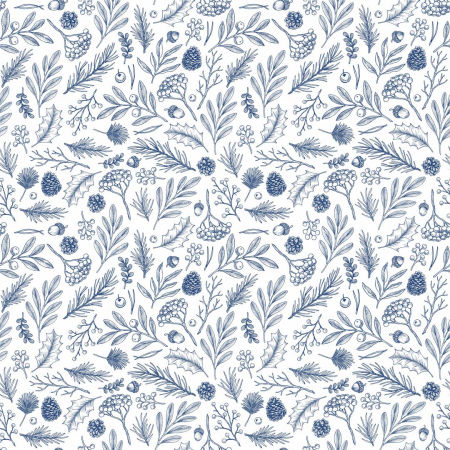 Moderní bílá tapeta s tmavě modrým lesním motivem listů a šišek