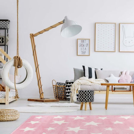 Dětský růžový koberec s krémovými hvězdami Pink Night pro děvčata