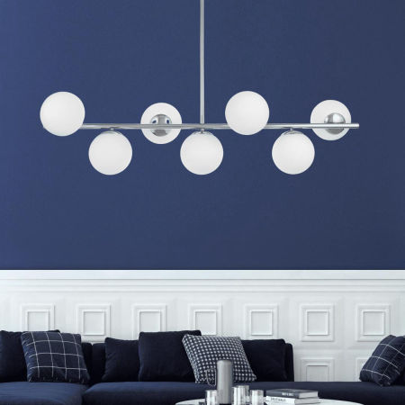 Designová horizontální závěsná lampa FREDICA W7 lustr s chromovanými bílými, kulatými stínítky