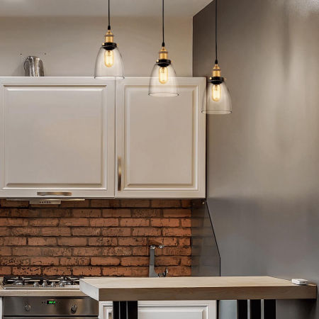 Černá a mosazná závěsná lampa, skandinávská, loftová, skleněný lustr s průhledným stínidlem - NAO