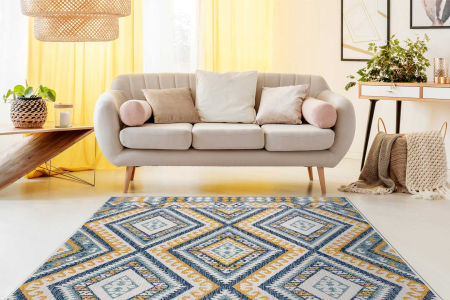 Aztécký, etno, boho koberec s barevnými, žlutými a tmavě modrými diamanty, do obývacího pokoje a do exteriéru