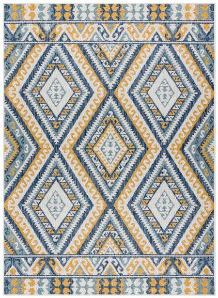 Aztécký, etno, boho koberec s barevnými, žlutými a tmavě modrými diamanty, do obývacího pokoje a do exteriéru