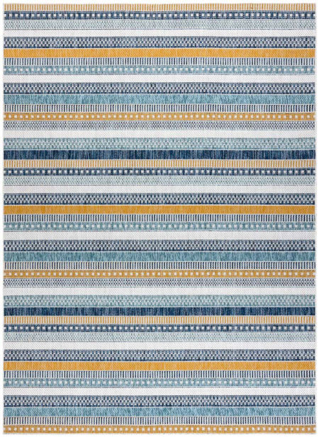 Žlutý a modrý pruhovaný koberec, provázkový, šňůrkový, boho, etno, skandinávský