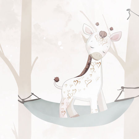 Pastelová dětská fototapeta LESNÍ SEN, zvířata v lese na houpacích sítích, žirafa, slon, medvídek, panda