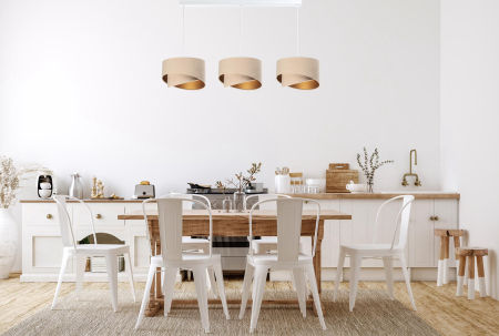 Trojité béžové a zlaté závěsné svítidlo s asymetrickými velurovými stínidly na stropní liště