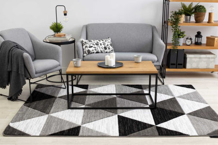 Koberec s bílými, šedými, černými trojúhelníky do obýváku ALTER RINO dekorační trojrozměrný