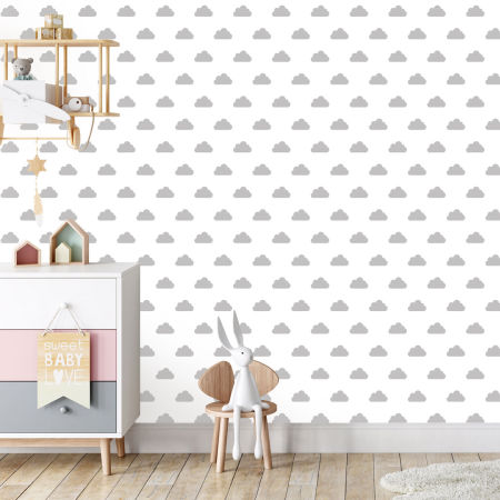 Bílá tapeta na zeď s šedými mraky do dětského pokoje