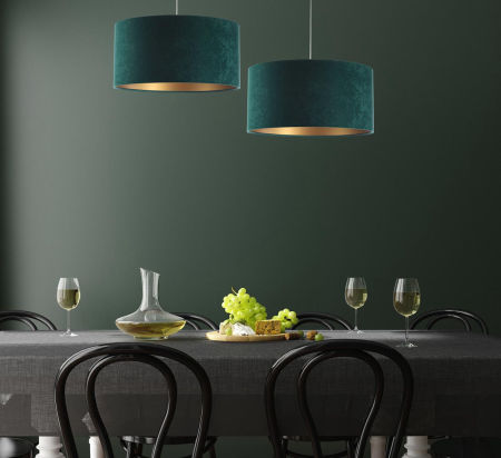 Zeleno-zlatá závěsná lampa s válcovým velurovým stínidlem OLIMPIA