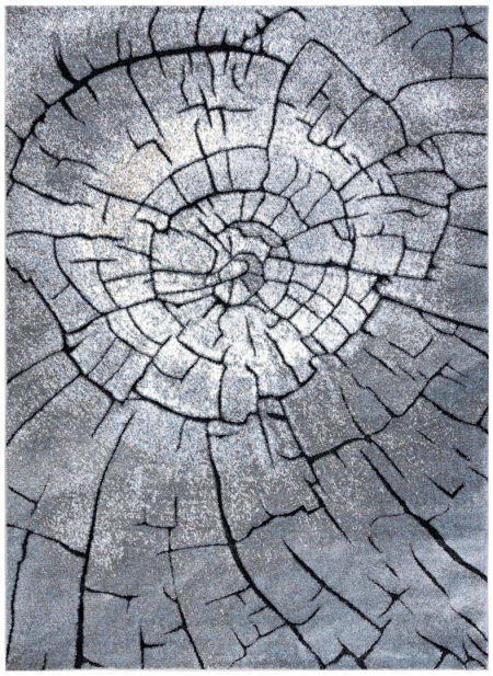 Skandinávský šedý, modrošedý koberec STROM s přírodním vzorem, průřez kmene stromu