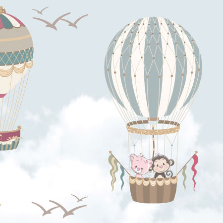 Dětská tapeta - létající balóny v oblacích, letadla, hory, džungle