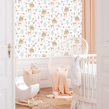 Bílá dětská tapeta srneček Aksel v začarovaném lese