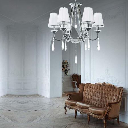 Křišťálový stříbrný lustr MILESIA šestiramenný, na řetězu, bílé stínidla