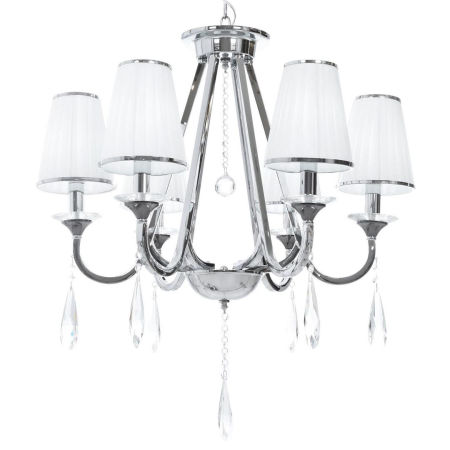 Křišťálový stříbrný lustr MILESIA šestiramenný, na řetězu, bílé stínidla