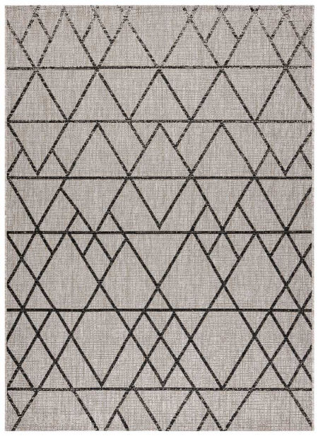 Šedý a béžový šňůrkový koberec s černým geometrickým vzorem trojúhelníků, kosočtverců, boho styl, na terasu a do bytu - BOHANA