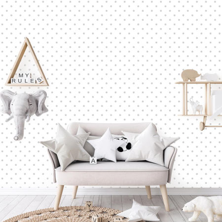 Bílá tapeta s šedými puntíky, malé tečky 2 cm
