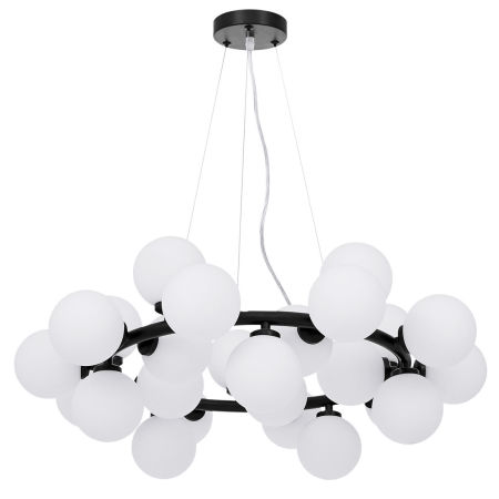 Černý lustr, vícebodová závěsná lampa, bílé stínidla, skleněné koule - MARSIADA