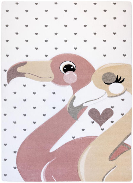 Koberec plameňáci a srdíčka, bílý-růžový-krémový-šedý, dětský, dívčí - PETIT FLAMINGOS