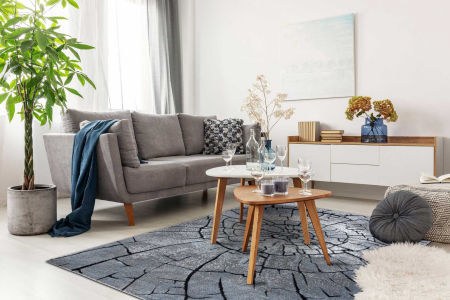 Skandinávský šedý, modrošedý koberec STROM s přírodním vzorem, průřez kmene stromu