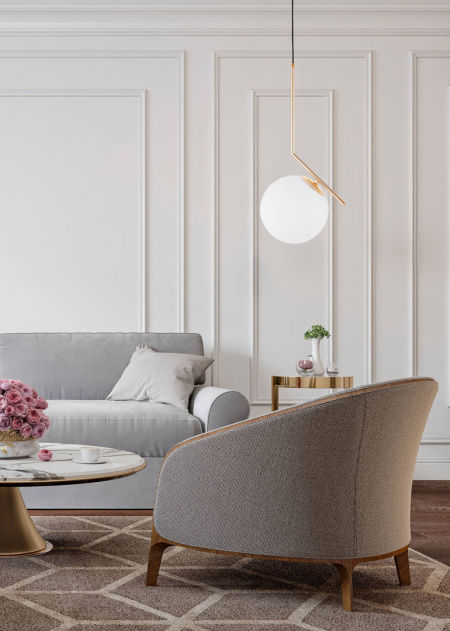 Zlatá moderní lampa SORENTO s bílým skleněným stínidlem ve tvaru koule na kovovém rameni