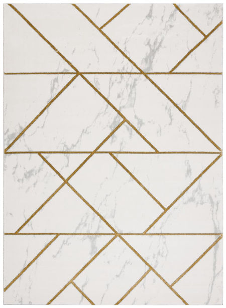 Elegantní koberec se zlatým geometrickým vzorem a mramorovým motivem do obývacího pokoje