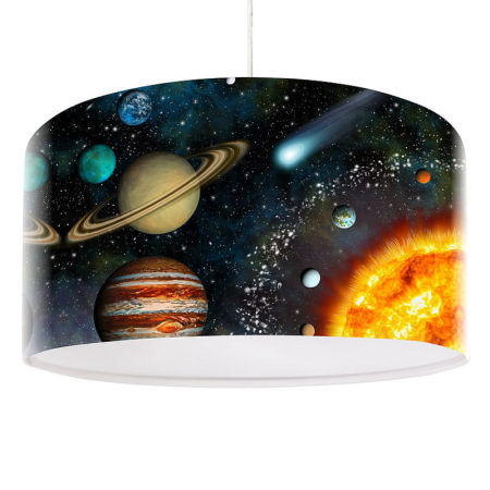 Černá závěsná lampa s latexovým stínidlem s vesmírnou tématikou, válcová KOSMOS