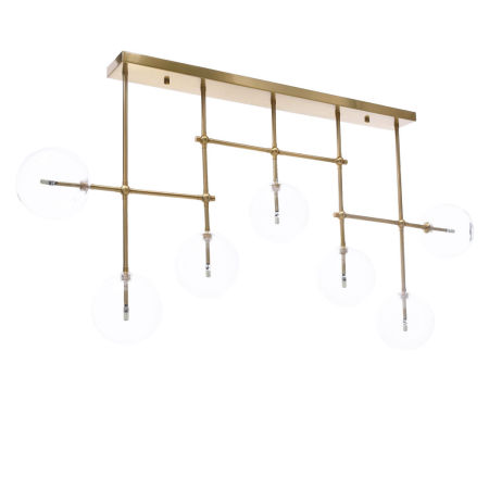 Mosazná závěsná lampa ve stylu glamour BERGAMO W7 lustr na vodorovné liště s průhlednými koulemi