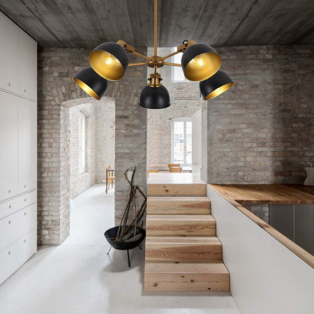 Loftové svítidlo BELMONTI W5 černo-zlatá kovová stínítka, lampa s pěti rameny