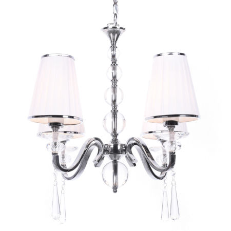 Lustr s krystaly, čtyři bílá stínidla FEDERRICA W4 stříbrná chromovaná ramena
