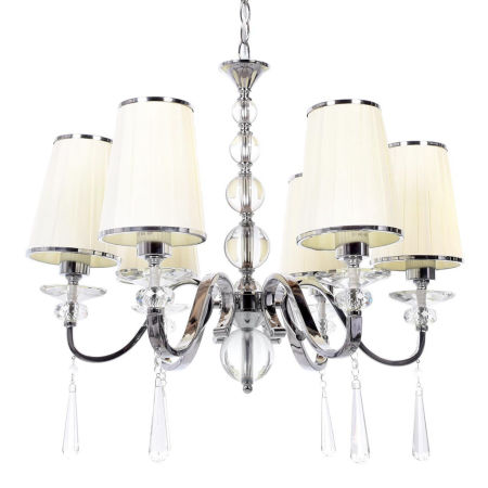 Moderní křišťálový šestiramenný lustr FEDERRICA W6 s krémově béžovými látkovými stínidly
