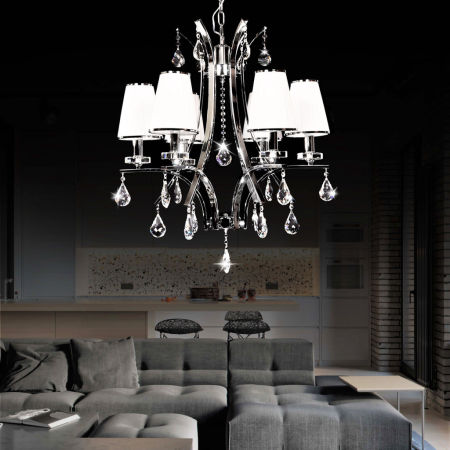 Závěsný lustr GLAMOUR W6 s krystaly, stínidla bílá látková