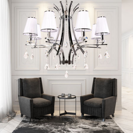 Křišťálový lustr GLAMOUR W8 s osmi bílými stínidly