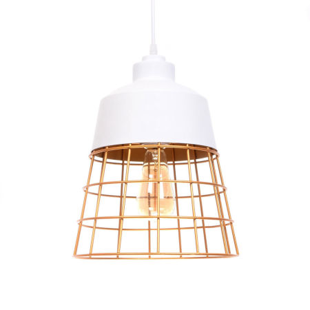 Drátěná bílá závěsná lampa BAGSY moderní loftový lustr zlatá mřížka, klec